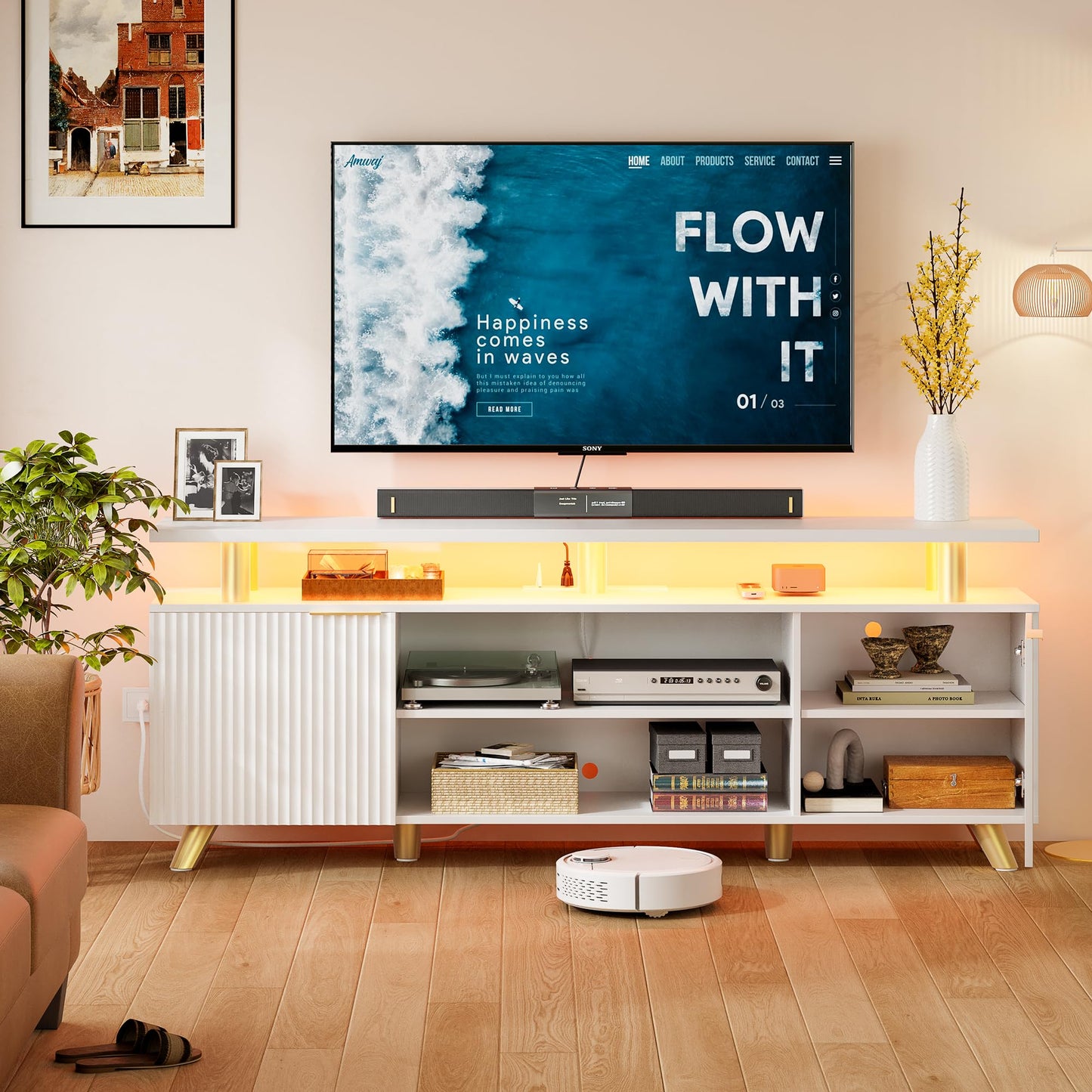 Lulive Luxury Fluted TV Stand for 60/65/70 Inch TV with Power Outlet & LED Light, Modern Entertainment Center with Fluted Panel Design, Modern TV Console Table for Living Room & Bedroom, White