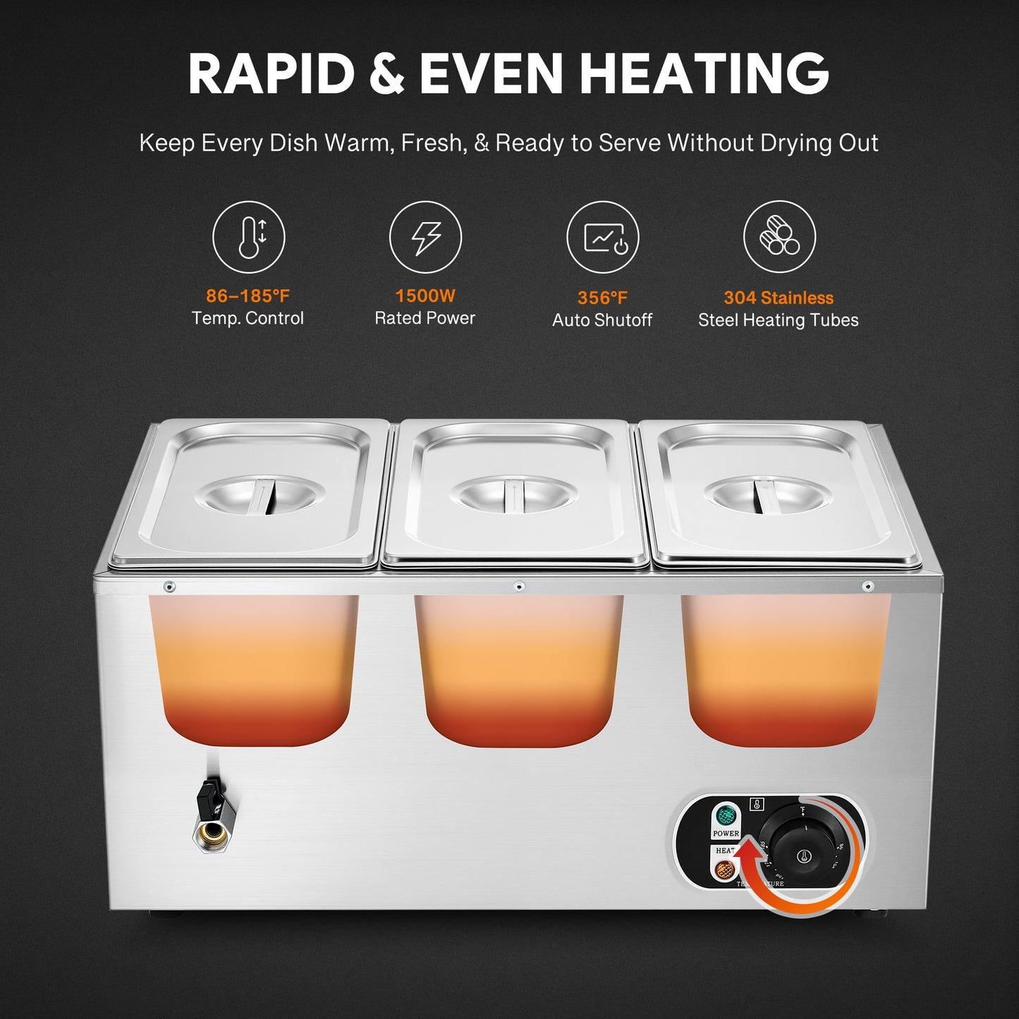 WILPREP Commercial Food Warmer with Three 1/3 Pans, 1500W Countertop Electric Warmer, 86-185°F Adjustable Temp Control & Over-Temp Protection, Stainless Steel Buffet Bain Marie
