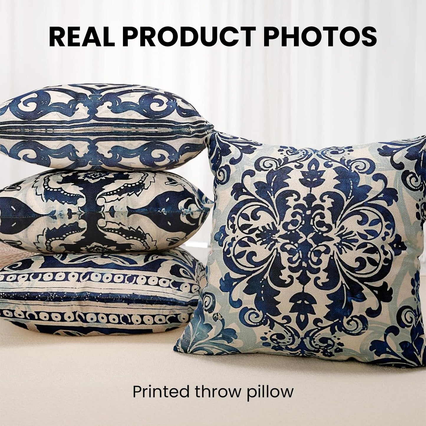M-Qizi Blue Throw Pillow Covers - Blue Pillow Covers 18x18 Set of 4, Decorative Blue and White Pillow Covers, Chinoiserie Pillow Cover, Chinoiserie Decor