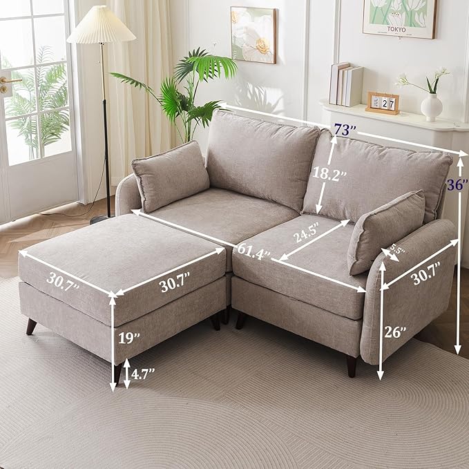 Rexulqo 73'' Loveseat Sofa with All Seats Storage, Modular Sectional Couch with Movable Ottoman,Oversized Comfy Couch with 7.8'' Cushion,24.5'' Deep Seat,for Living Room,Bedroom,Velet,Khaki