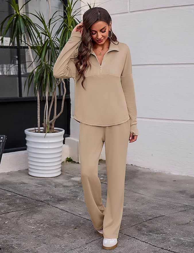Totatuit Womens Sweatsuits 2 piece Set Lapel Half Zip Lightweight Sweatshirts and Wide Leg Pants Tracksuit Lounge Sets