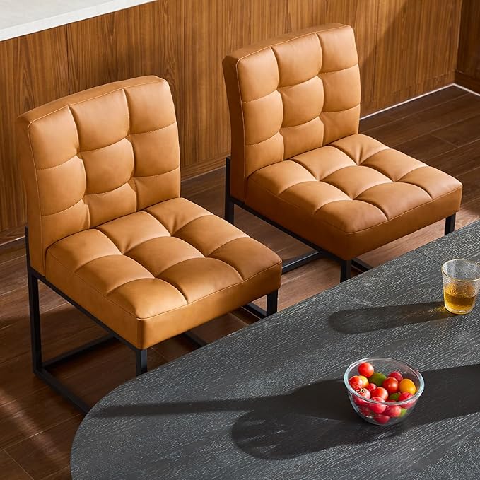 GrandNoor Brown Faux Leather Dining Chairs Set of 4, Mid-Century Modern Dining Room Chairs with Armless, Checkered Kitchen Chair with Metal Legs
