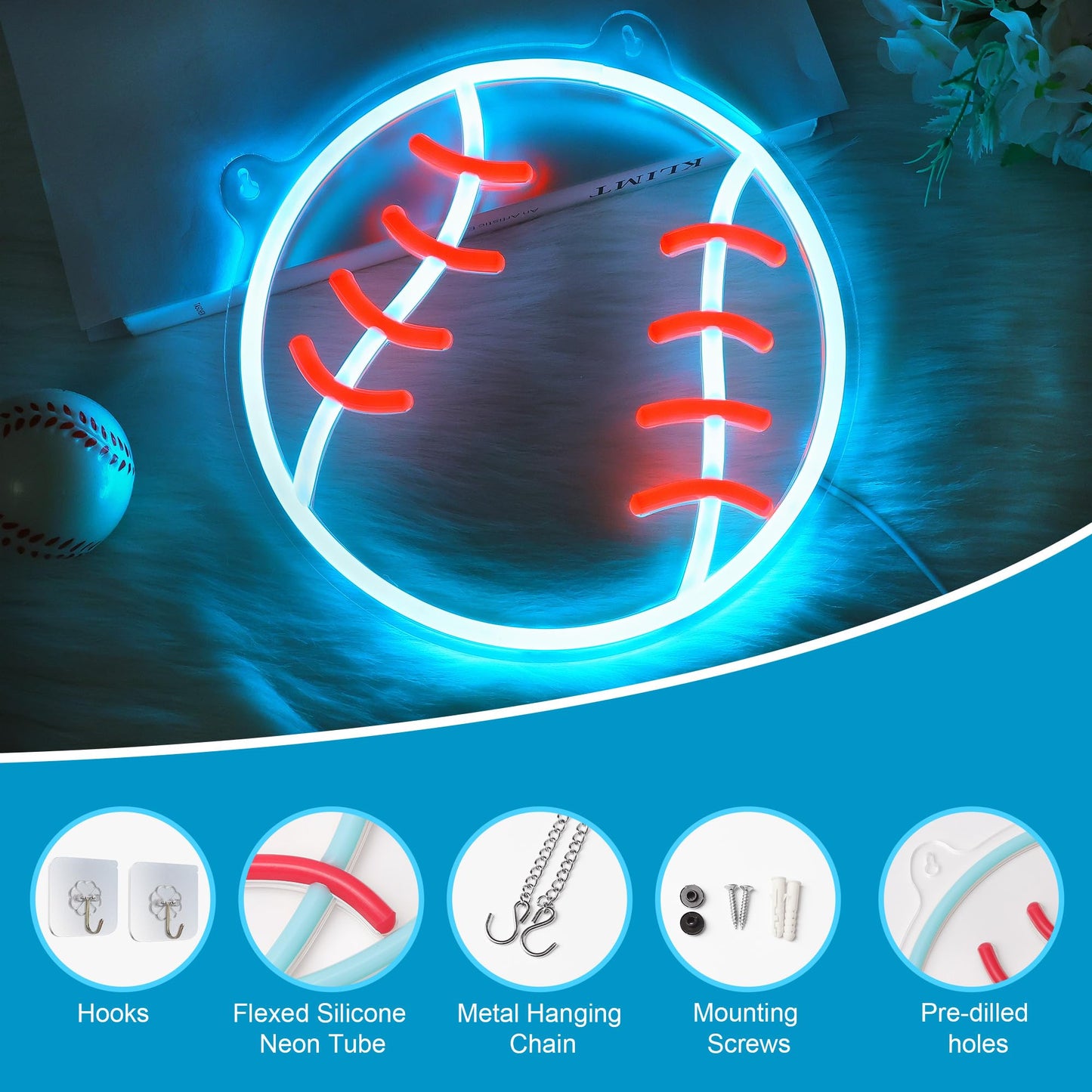 CoolGift Mart Baseball Neon Sign - Dimmable Sport Wall Decor with USB Power, Unique Gifts for Men & Boys 8-12, LED Bedroom Lights for Man Cave College Dorm Baseball Fan Accessories