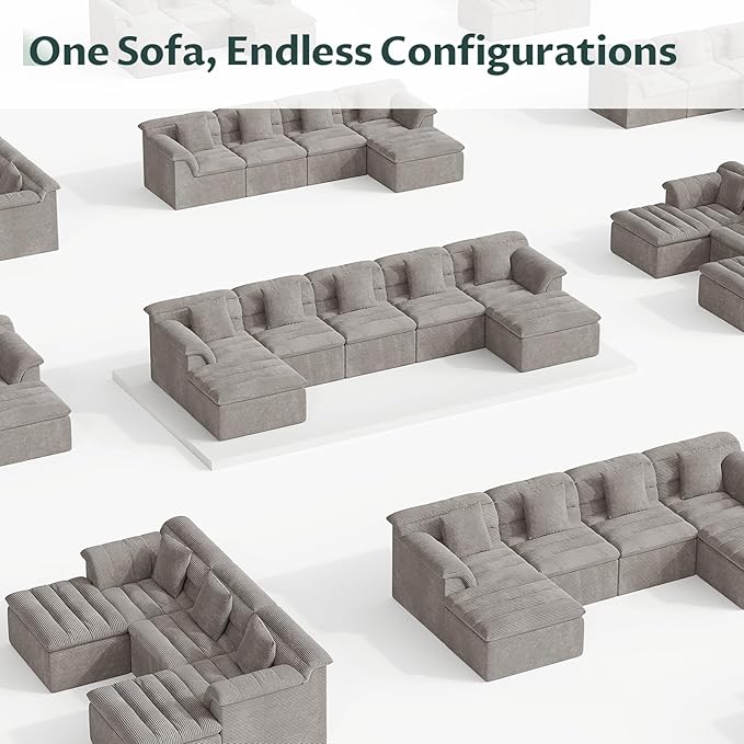 SUNG7 172" Modular Sofa with Ottoman, Boneless Cloud Couch with Deep Seat, Comfy U-Shape Corduroy Couches for Living Room, No Assembly Required, Light Gray