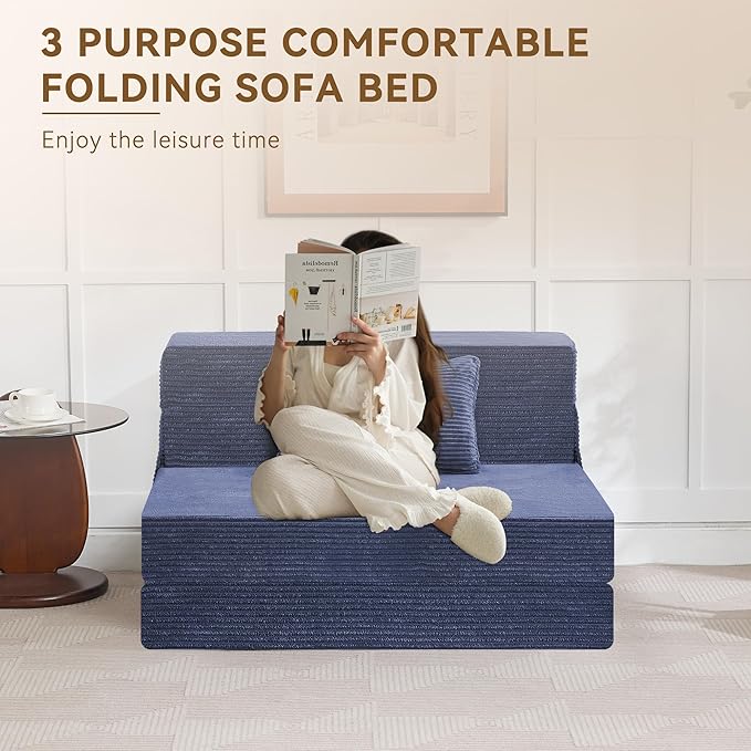 WUTUTUEE Folding Sofa Bed Convertible Floor Couch Foldable Chair Bed with Pillow，Linen Sleeper Chair Futon,Foldable Memory Foam Mattress for Bedroom/Living Room/Dorm/Office (Corduroy Navy, Standard)