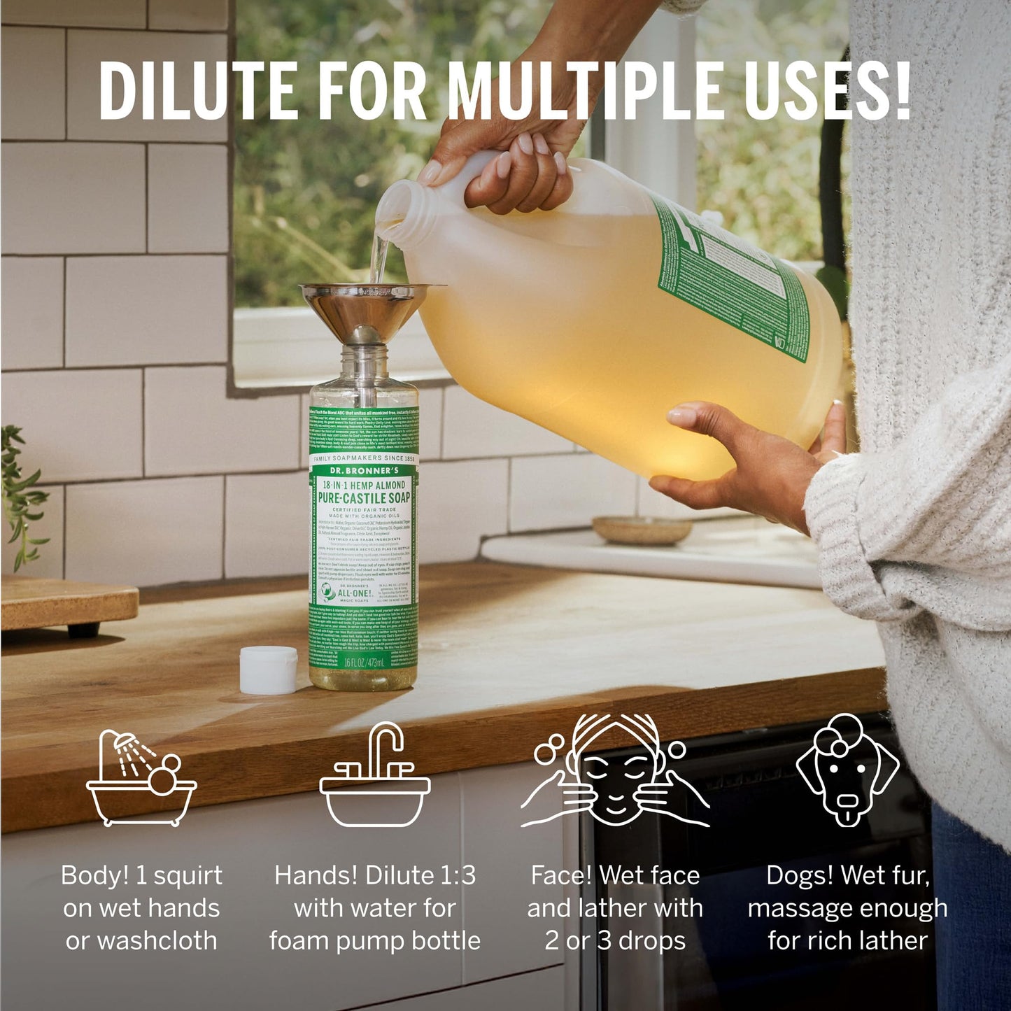 Dr. Bronner's Pure-Castile Magic Soap Liquid (Almond, 1 Gallon) - Made with Regenerative Organic Certified Oils, 18-in-1 Uses: F