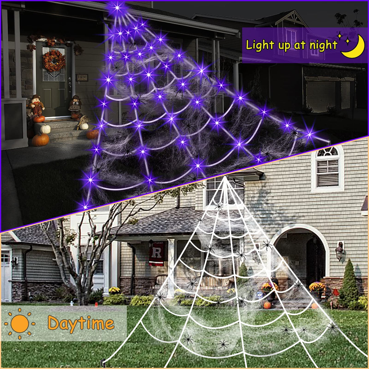 Spider Web Halloween Decoration Outdoor Lights, 125 Purple LED Light Up 16.4Ft Giant Spiderweb & 22 Small Fake Spiders & 20g Stretch Cobweb, 8 Modes Remote Control Lighted Decor for Yard Outside