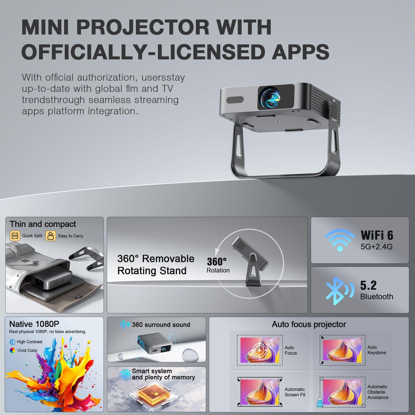 【Officially-Licensed APP & 1800ANSI】Smart Mini Projector with WiFi and Bluetooth, VISSPL Native 1080P Auto Focus & Keystone Portable Outdoor Projector, 4K Support Home Movie Projector Sliver