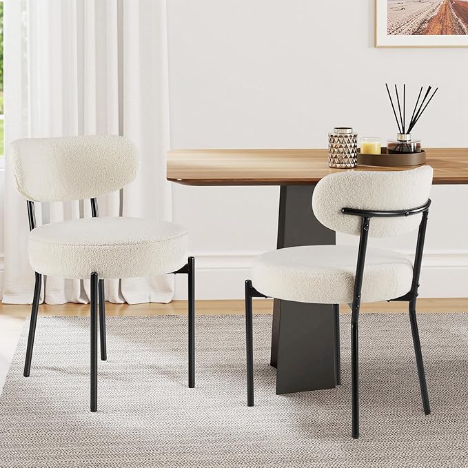 Sweetcrispy Dining Chairs Set of 2, Boucle Upholstered Modern Mid Century Round Kitchen Chairs with Curved Backrest & Meta...