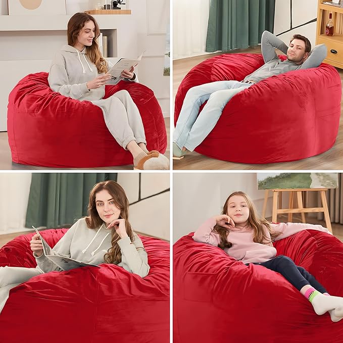 HABUTWAY Bean Bag Chair 3Ft Luxurious Velvet Ultra Soft Fur with High Rebound Memory Foam Bean Bag Chairs for Adults Plush Lazy Sofa with Fluffy Removable Sponge 3' (Red)