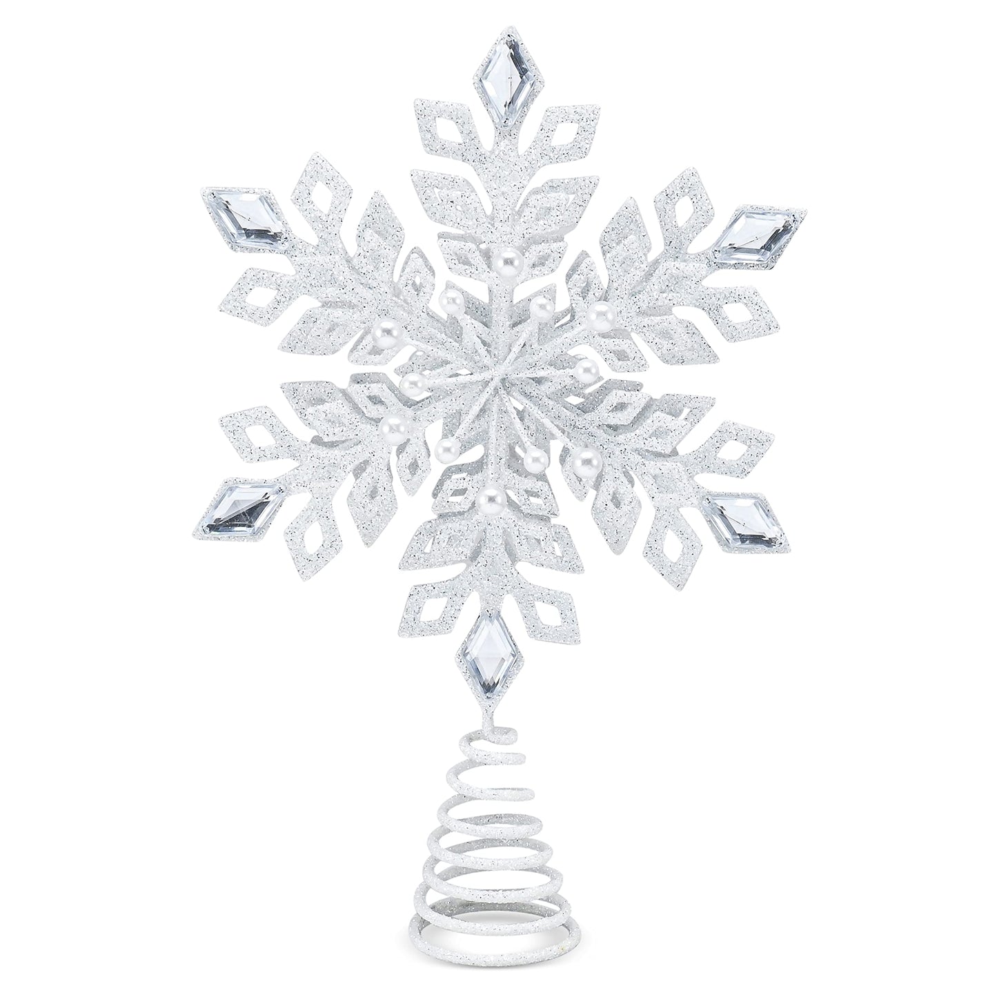 Ornativity Glitter Snowflake Tree Topper - White Sparkling Jewel Snow Flake Christmas Decor Tree Top Xmas Holiday Decoration with Gem Design 11.5"