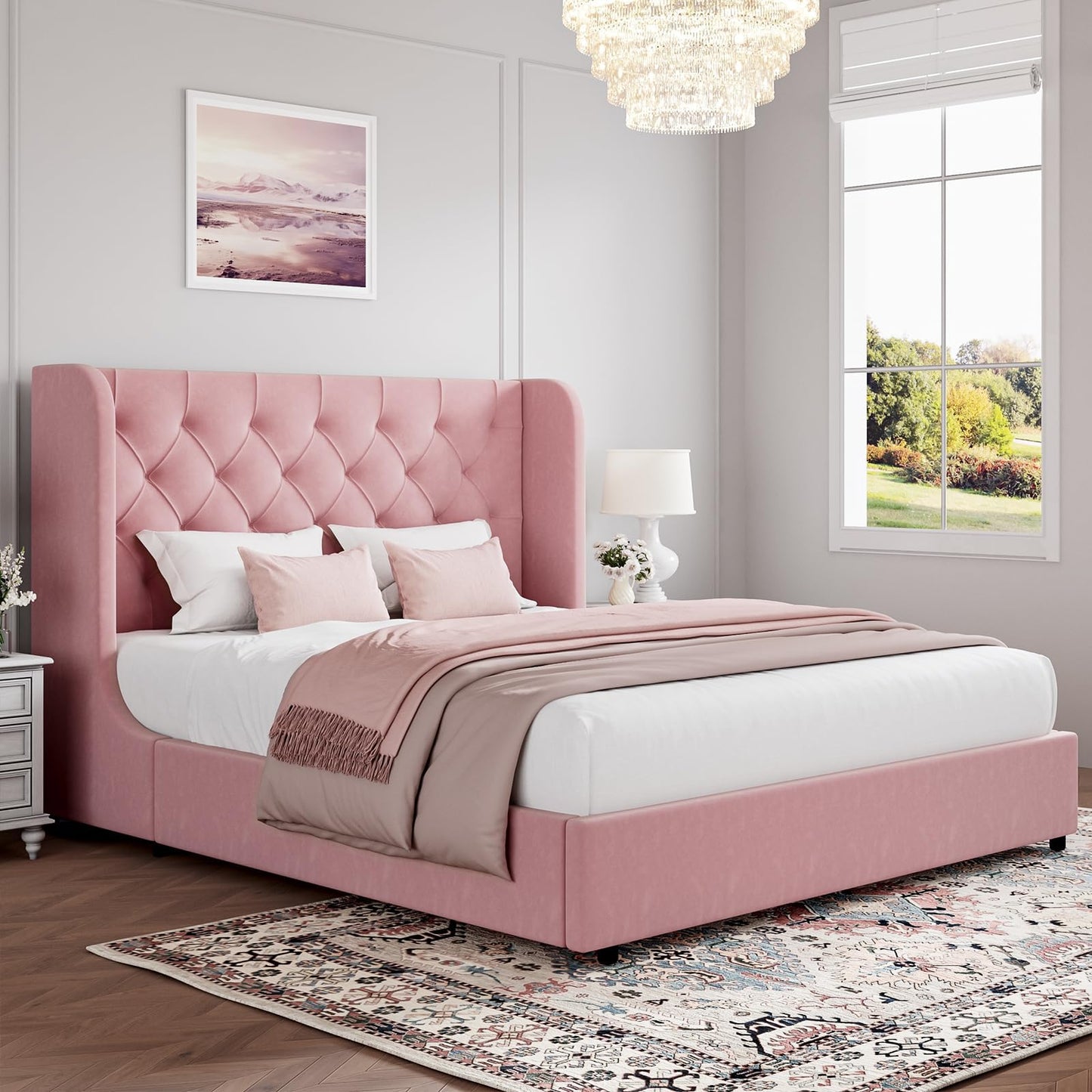 HOMBCK Pink Full Size Bed Frame, Upholstered Platform Bed Frame with Velvet Tufted Headboard, Curved Wingback Design, Wooden Slats, No Box Spring, Noise Free, Easy Assembly