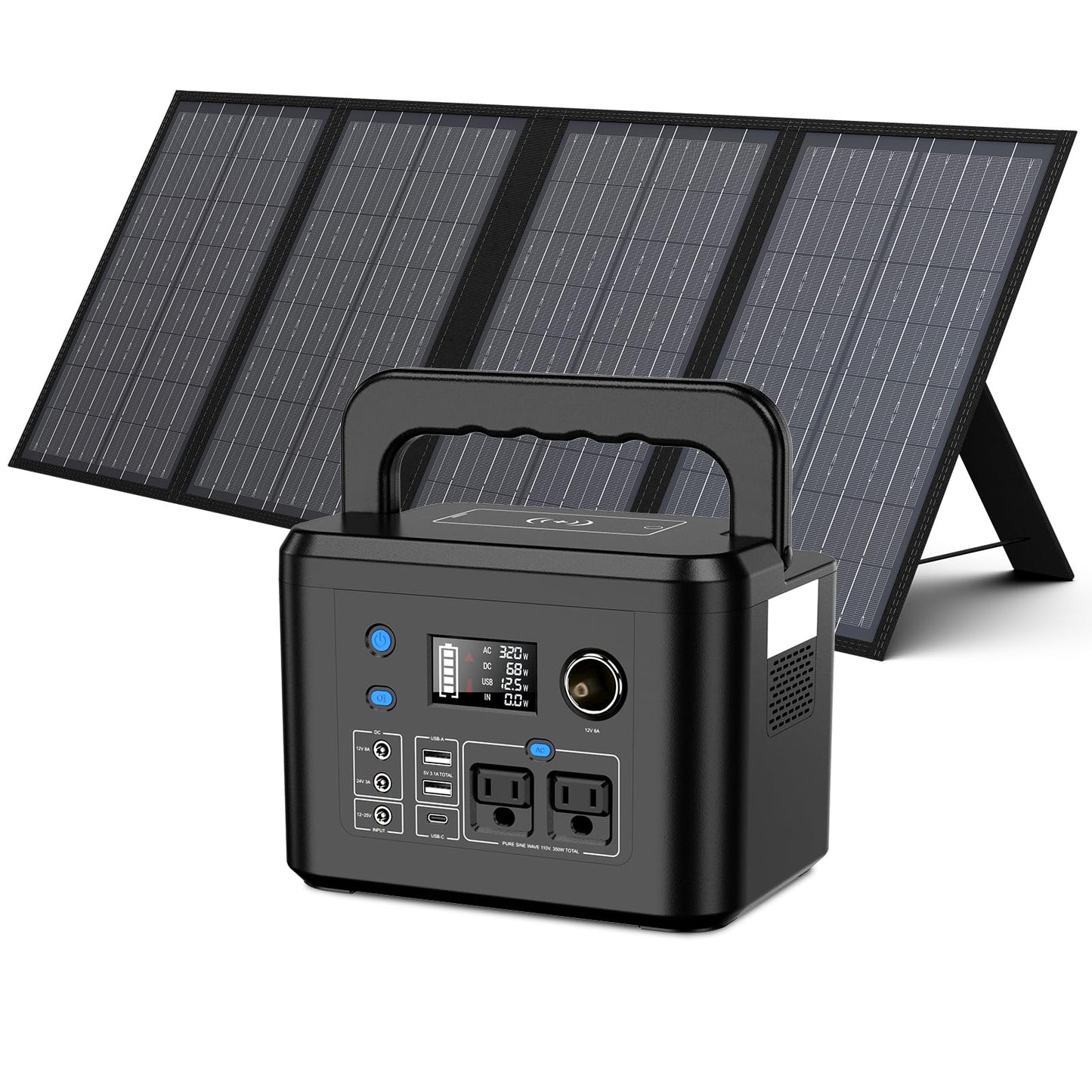 350W Portable Solar Generator with 60W Solar Panel, Powkey 70,000mAh Backup Lithium Battery, 110V/350W Pure Sine Wave AC Outlet, Power Station with Solar Panel for Outdoors Camping Travel Hunting