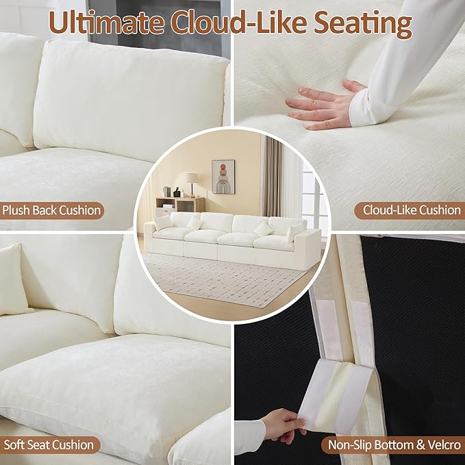 155''Cloud Boneless Sectional Couch, Modular Sectional Sofa Deep Seat, Oversized Upholstered Convertible Comfy 4 Seater Chenille Memory Foam Sofa Couches for Living Room, Beige