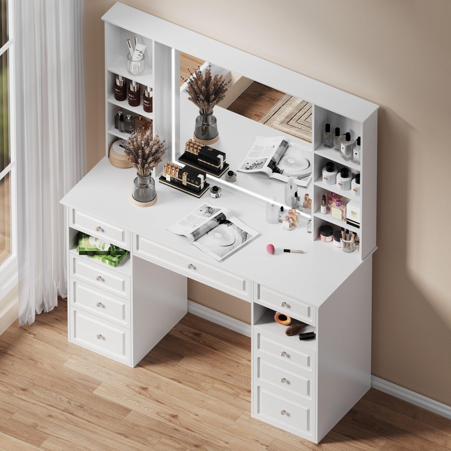 Makeup Vanity Desk with Mirror and Lights, 47" Large Vanity Table with 9 Drawers & 10 Open Storage Shelves, Brightness Adjustable, Dressing Table for Bedroom, Women Girl (White, A Panel)