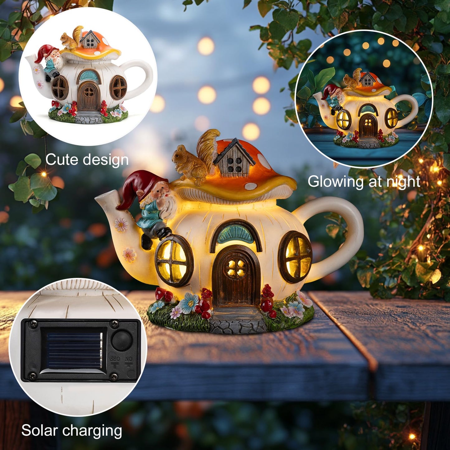 twinbling Mushroom Fairy House Garden Decor Solar Light – Outdoor Gnome Statue with Squirrel, Resin Teapot Decorative Figurine for Patio, Lawn, Yard & Balcony, for Women, Mom, and Home