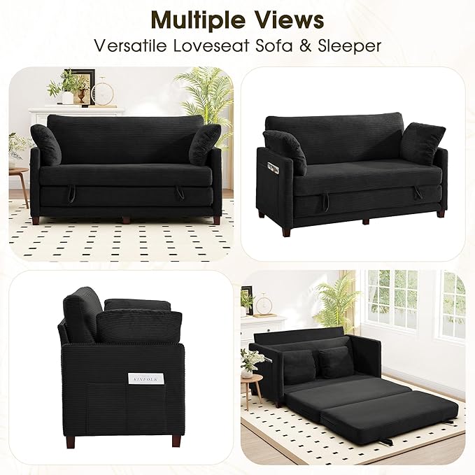 Myroyalsit 65" Convertible Loveseat Sofa Bed, 2-in-1 Folding Sofa Bed with 2 Pillow for Small Spaces, Modern Loveseat Sleeper Couch for Apartment, Living Room & Guest Room (Black Corduroy, 65 inch)