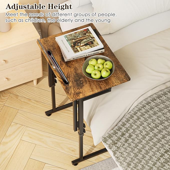 Fleecy day Adjustable Folding TV Tray Table,TV Dinner Small Foldable C-Shaped End Table for Eating,6 Height Adjustable Slide Under Couch Side with Sturdy MDF Top,No Assembly(Brown,2Pcs)
