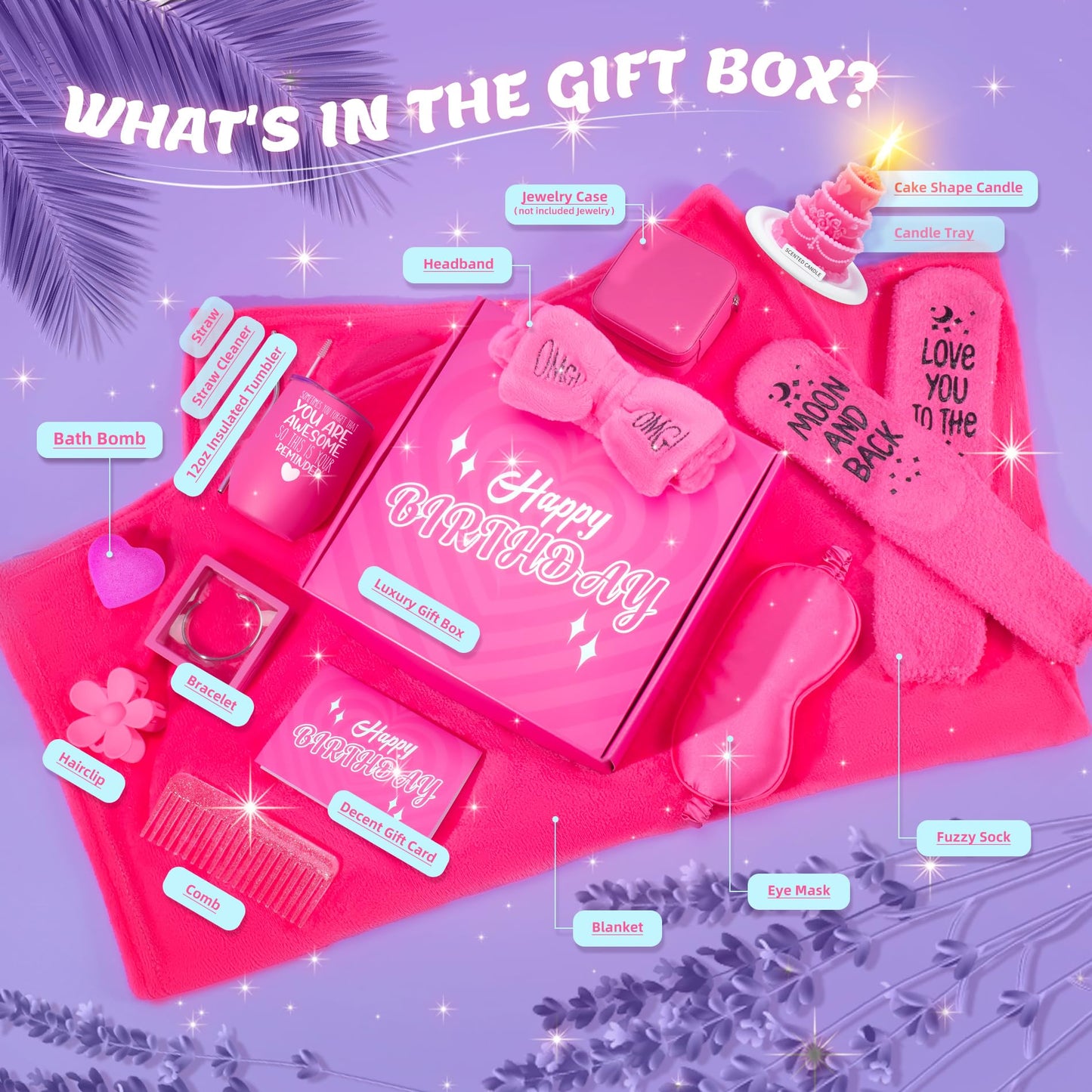 Birthday Gifts for Women, 13PCS Relaxing Care Package for Women, Pink Self Care Gift w Luxury Flannel Blanket, Unique Happy Birthday Gift Idea for Mom Her Best Friend Sister Wife Girlfriend