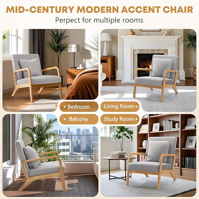 ELUCHANG Mid-Century Modern Accent Chair with Lumbar Pillow,Upholstered Armchair,Linen Fabric Comfy Reading Chair, Lounge Side Chair for Living Room Bedroom Apartment,Easy Assembly(Grey,2pcs)