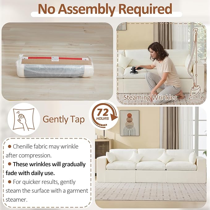 115''Cloud Boneless Sectional Couch, Modular Sectional Sofa Deep Seat, Oversized Upholstered Convertible Comfy 3 Seater Chenille Memory Foam Sofa Couches for Living Room, Beige