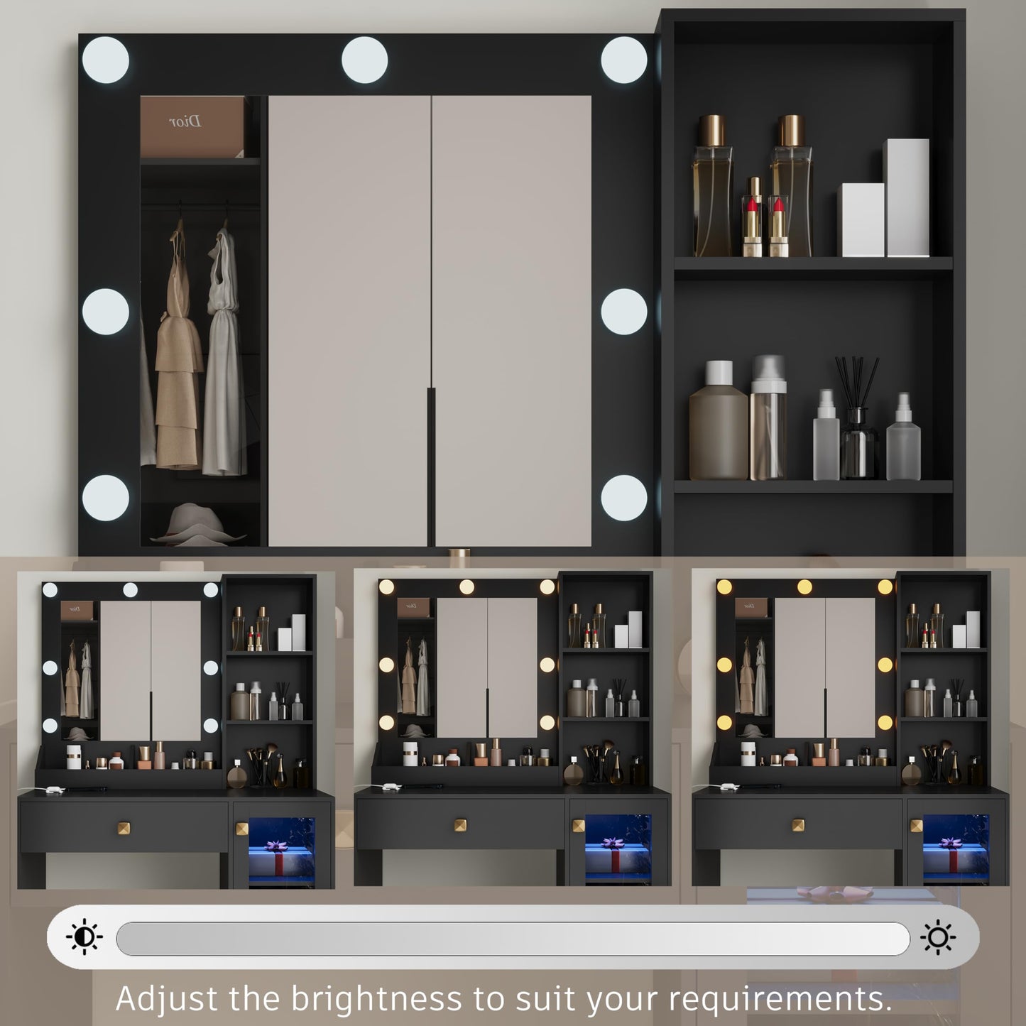Thacuok Vanity Desk with Mirror and Lights, 33.5'' Makeup Table with Charging Station & RGB Glass Cabinet, Small Vanity with 3 Color Lighting Modes & Adjustable Brightness, Black
