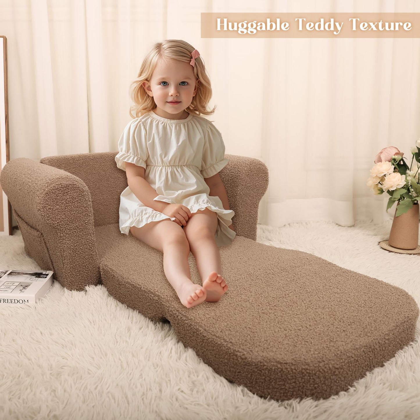 Hrebr Chairs for Toddler, 2-in-1 Toddler Soft Teddy Baby Couch Fold Out, Convertible Chair to Lounger for Girls and Boys|Safety Certified | Gift for Children