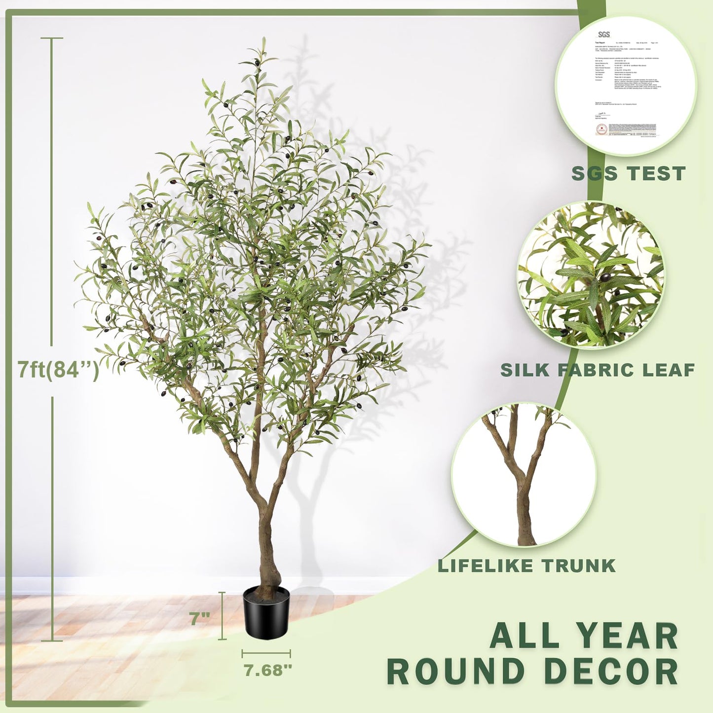 LYERSE Olive Trees Artificial Indoor - Faux Olive Tree 7ft with Large Olive Branches and Lifelike Fruits - Artificial Olive Tree for Modern Home Office House Living Room Decor