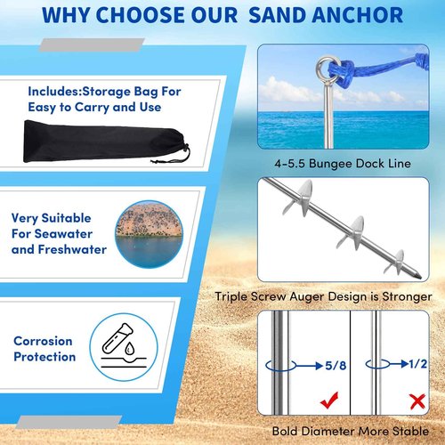 Sand Anchor for Boat 36",2 Pack Chromium-Plated Steel Beach Anchor Boat Sand Anchor with Bungee Dock Line to Hold Watercraft Secure,Kayak ect.Apply to the Sandbar Anchor or Shallow Water Anchor