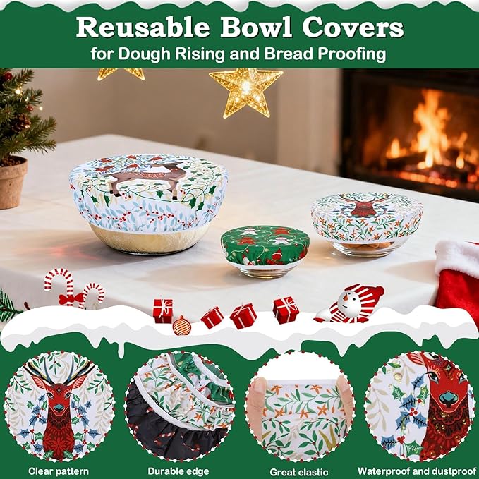5-Size Beeswax Bowl Covers for Bread Proofing, Reusable Cotton Cloth Bowl Covers, Flexible Beeswax Wraps for Food Storage Christmas Holiday Kitchen Decor(Elk)