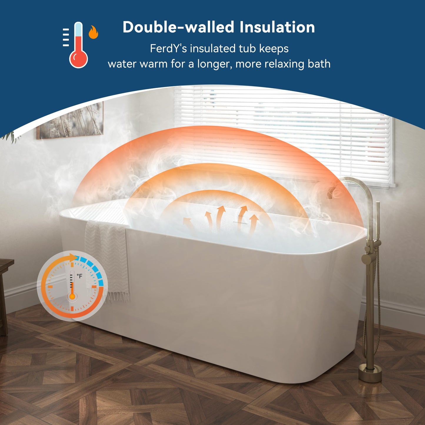 FerdY Maui 67" Freestanding Bathtub Elegant Freestanding Soaking Bathtub, Glossy White, cUPC Certified, Toe-Tap Chrome Drain & Overflow Assembly Included