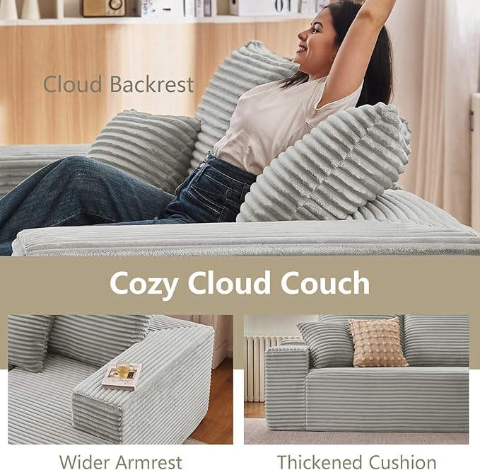 167.7" Sectional Cloud Couch for Living Room, Modular Floor Deep-Seat Sofa, Big Comfy Corduroy Couches Set with Fluffy Memory Foam, Stupendous U Shaped Sofas, No Assembly Required, Grey