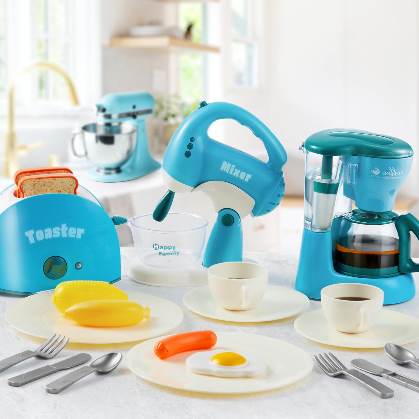 Joyin Play Kitchen Toys, Pretend and Play Food Kitchen Accessories GirlsToy with Coffee Maker, Mixer, Toaster with Realistic Lights& Sounds, Birthday Gift for Kids Ages 2 3 4 5, Blue