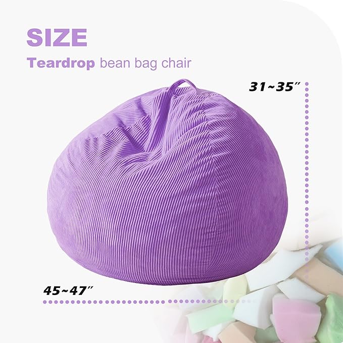 Homguava 4FT Bean Bag Chair for Adults,Teardrop Bean Bags Big Beanbag Chair with Memory Foam Filled and Ultra Soft Removable Corduroy Cover for Living Room, Bedroom (Purple)