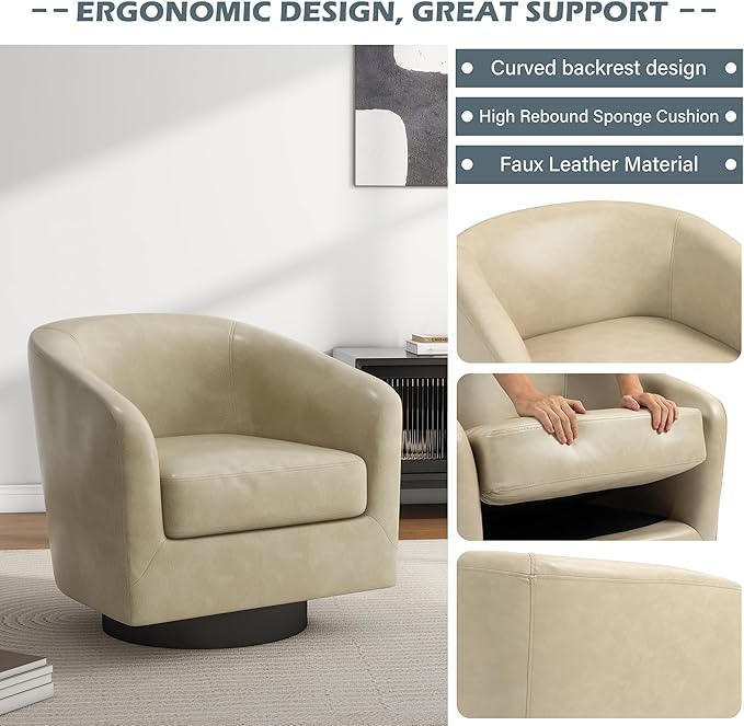 UIXE Swivel Barrel Accent Chairs Set of 2, Faux Leather Club Chair Upholstered Armchair for Living Room, Modern Arm Chair Small Single Sofa Bedroom Side Reading Seat - Cream