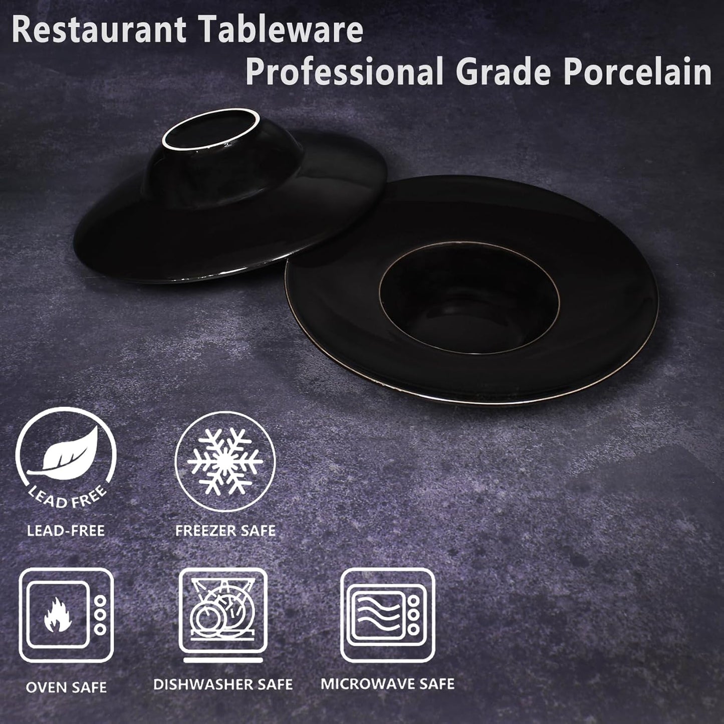 Ceramics Rimmed Soup Bowls 8.6 oz, Black 11 inch Exquisite small soup plate Set of 4, Pasta plates With Rim is the best choice for hotels, kitchens, fine restaurants and gourmets