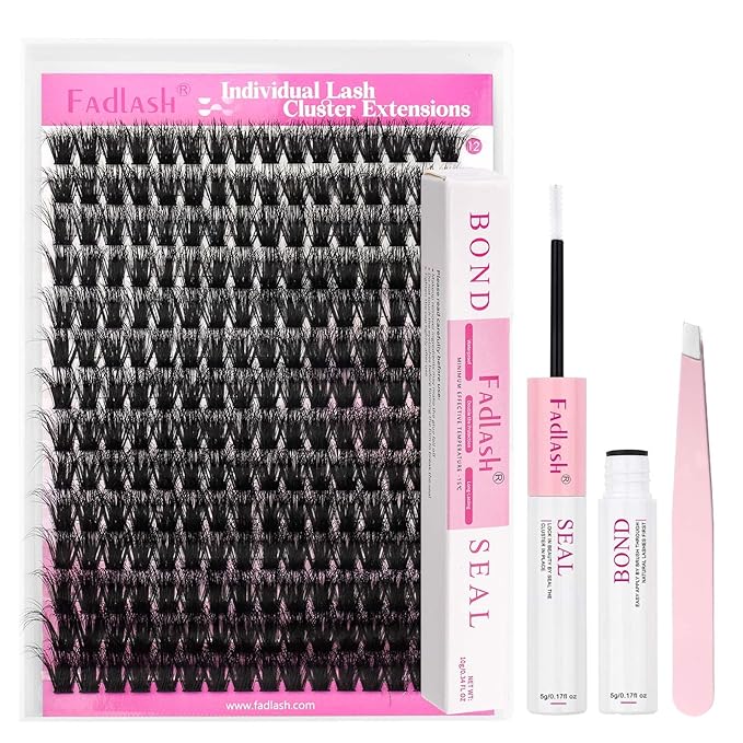 FADLASH Lash Extension Kit 100D Lash Clusters C Curl Lash Cluster Kit DIY Eyelash Extension Kit with Lash Bond and Seal Lash Tweezer 3D Fluffy Cluster Lashes (Kit, 100D-0.07C-Mix12-18)