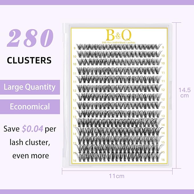 B&Q Lash Clusters 280PCS Natural Eyelash Clusters 40D D 14mm Individual Lash Wispy Eyelash Extension with Soft Thin Band Classic Look Pestañas Postizas Comfortable DIY at Home(40D-D-14mm)
