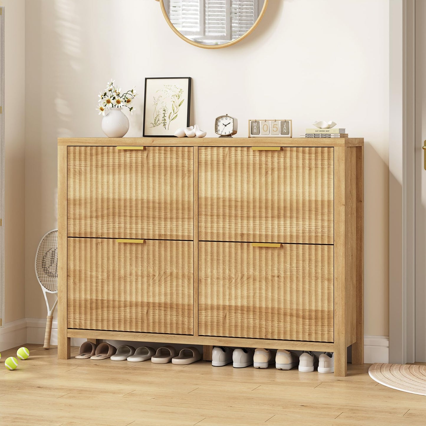 YOMILUVE Shoe Cabinet Storage for Entryway, Fluted Shoe Cabinet with 4 Flip Drawers, Hidden Shoe Rack Freestanding Wooden Shoe Organizer with Legs for Hallway, Oak