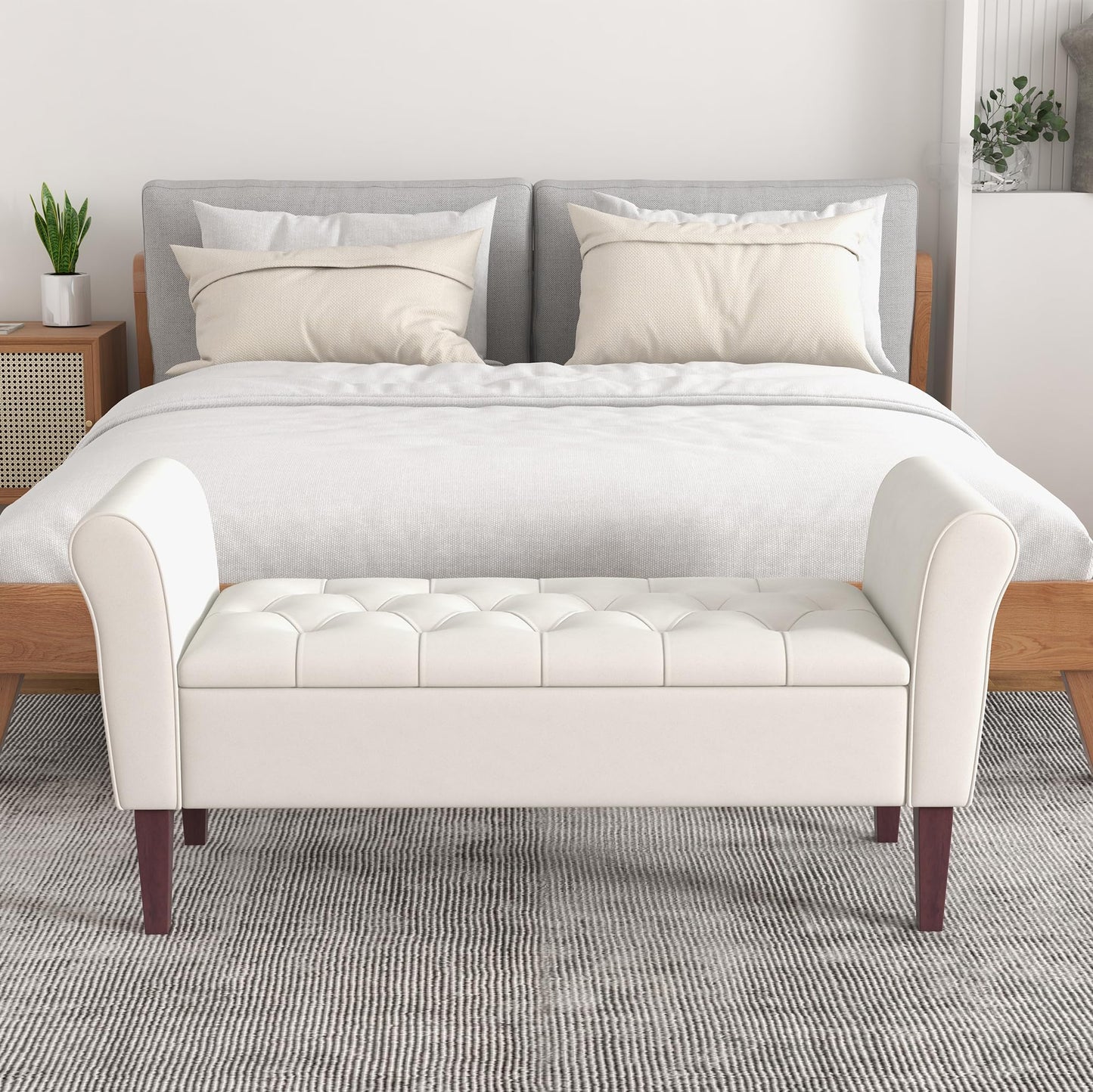 HUIMO 48" Arm Storage Ottoman with 7.5-inch Solid Wood Legs, Storage Bench, Upholstered Window Sitting Bench for Bedroom,End of Bed Bench Indoor, Livingroom, Entryway (Beige)