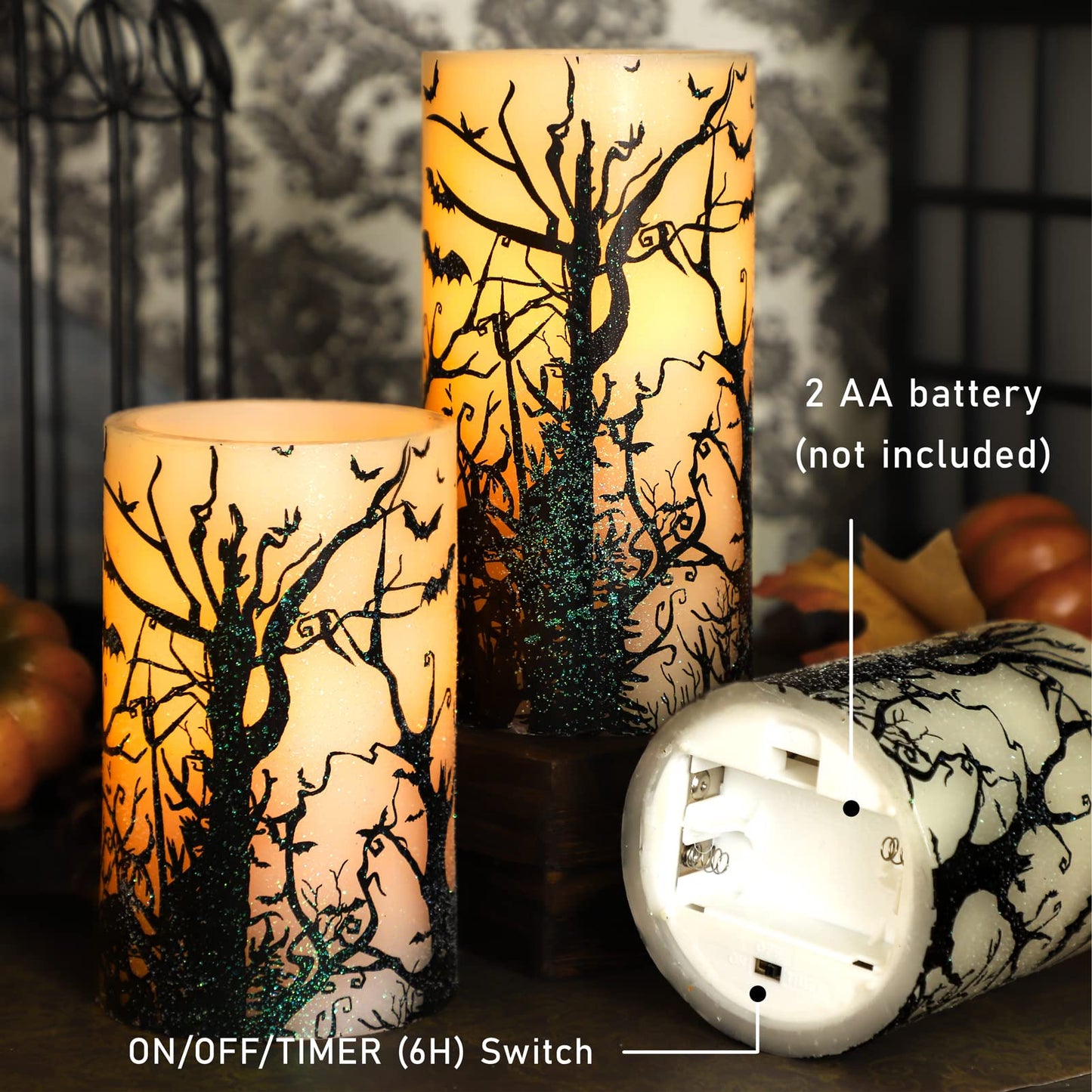 FLAVCHARM Halloween Decor Flameless Candles Set of 3 Black Spooky Bats Decal Flickering Candles Battery Operated with Remote Real Wax LED Pillar Candles for Halloween Party Horrible Theme Decor