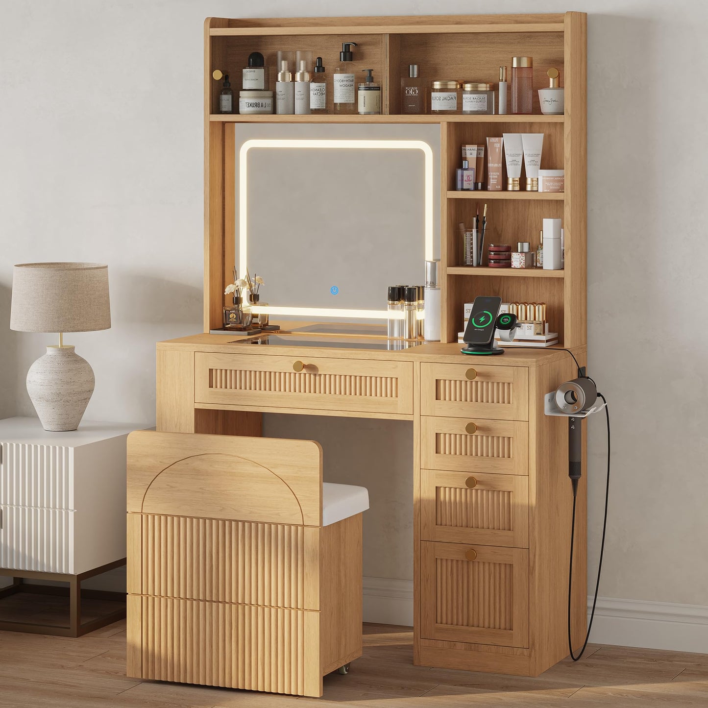 IRONCK Vanity Set with Stool, Makeup Vanity with LED Lighted Mirror, See-Through Drawer, Charging Station, Dressing Table with 4 Drawers and Open Shelves, White/Natural Wood