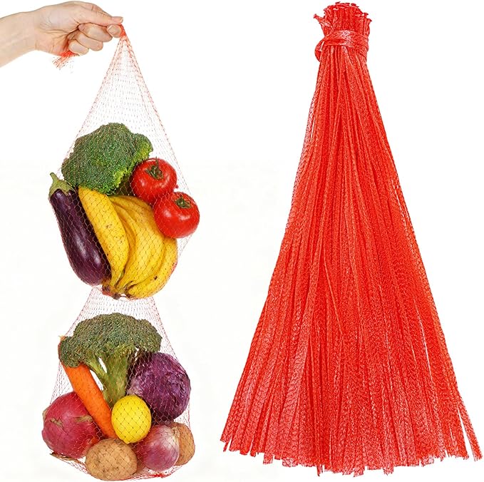 300 Pcs Reusable Mesh Produce Bags, 24 Inch Red Mesh Seafood Boil Bags Stretchable Vegetable Bag Grocery Shopping Storage for Vegetables, Potato, Onion, Fruits, Citrus, Seafood, Crawfish