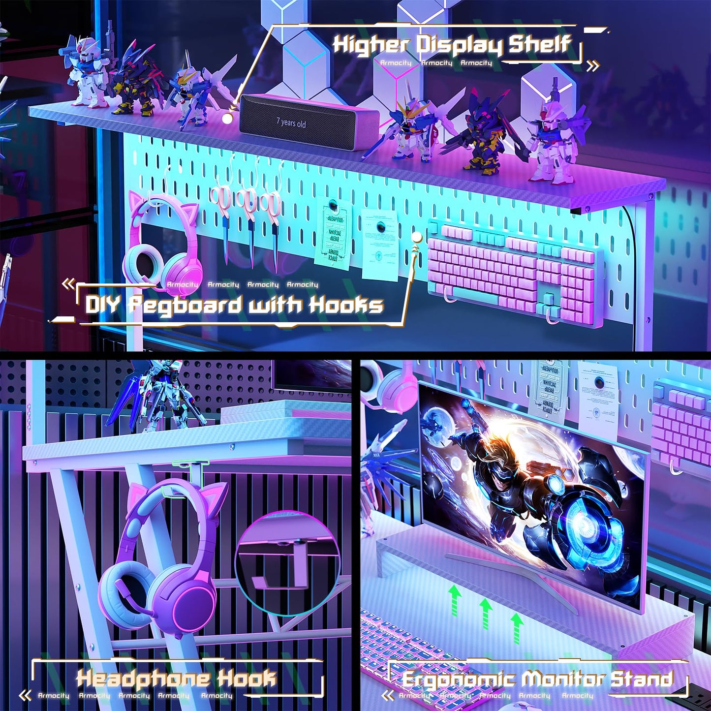 Armocity Gaming Computer Desk with Power Outlets, Gaming Desk with Hutch and LED Lights, Reversible PC Gaming Desk with Pegboard, Carbon Fiber White, 47"