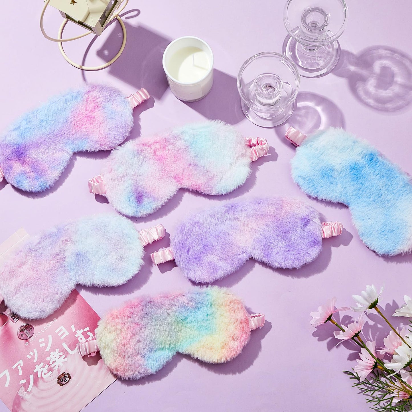 Cuffbow 6 Pcs Plush Sleep Eye Mask Silk Furry Eye Covers for Sleeping Cute Sleep Mask Fluffy Comfortable Sleeping Blindfold for Travel Sleepover Nap Party Supply Women(Tie Dye,Rainbow)