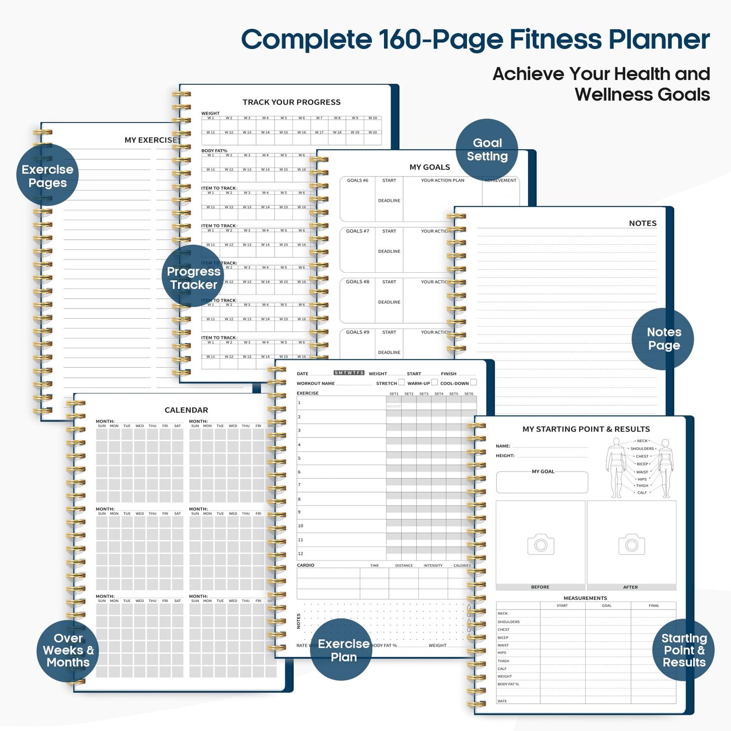 Fitness Workout Journal for Women & Men, A5(5.5" x 8.7") Workout Log Book Planner for Tracking, Progress, and Achieving Your Wellness Goals-Navy Blue