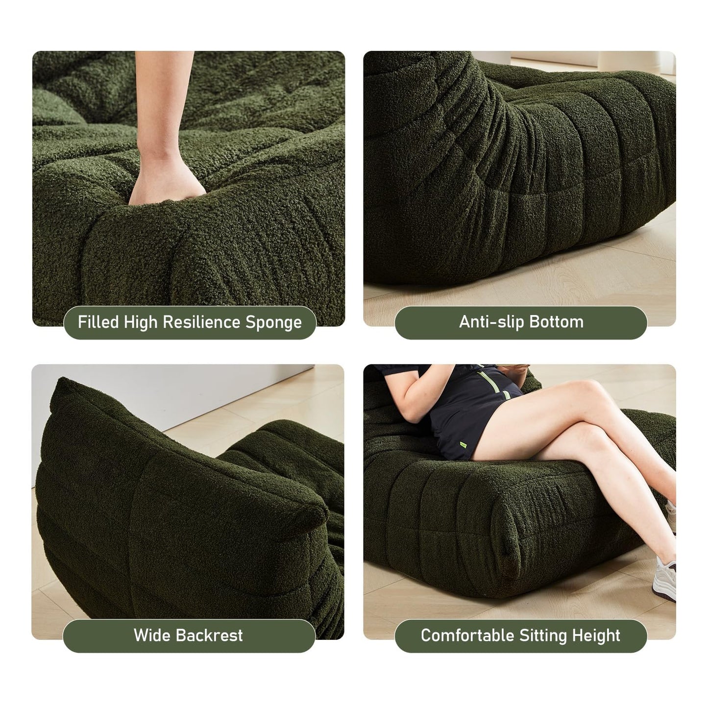 Bean Bag Chair, Fireside Chair Bean Bag Sofa Large Bean Bag Chair for Adults, Bean Bag Chairs for Teens with High Density Comfortable Foam, Memory Foam Bean Bag for Living Room, Bedroom (Green)