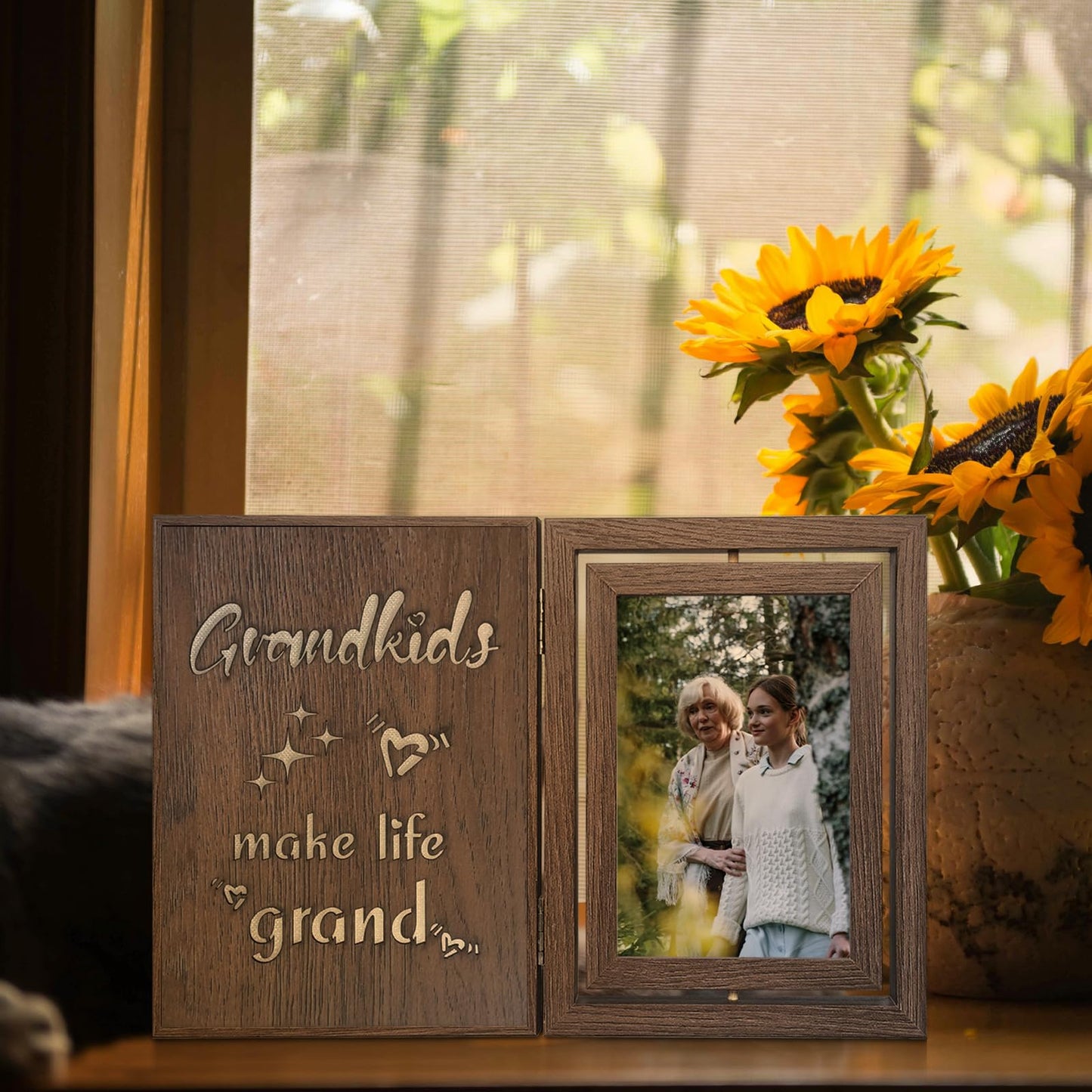 Grandkids Make Life Grand Light Up Photo Frame, Rotating Double-Sided 4x6 Vintage Wooden Grandma Grandpa Glowing Picture Frame, Gifts for Grandparents for Mother's Day, Father's Day, Christmas