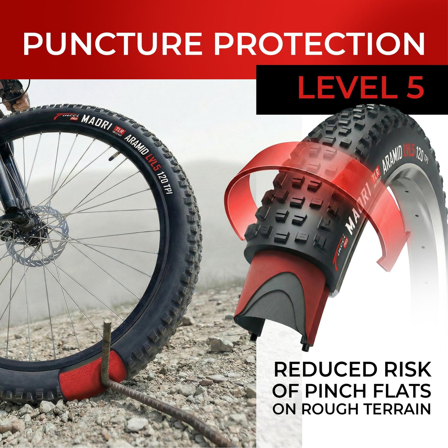 Fincci Maori Tubeless 29x2.4 Mountain Bike Tire - 2er Foldable Aramid MTB Tires 29 with 1mm Nylon Puncture Proof - 120 TPI Black 29 inch Tyre 62-622 for Electric, XC, Enduro, Hybrid Bicycles