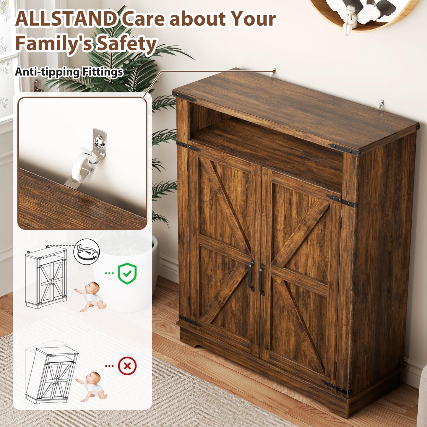ALLSTAND 6-Tier Shoe Cabinet with Doors, Entryway Shoe Rack Wooden Shoe Storage Cabinet with Adjustable Shelves & Anti-tip Fitting, Farmhouse Shoe Cabinet Storage for Entryway, Living Room, Closet